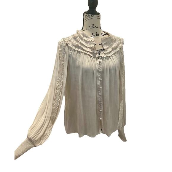 MNG MANGO BLOUSE RUFFLED SZ S LONG SLEEVE FLOWY ELASTIC CUFFS SOPHISTICATED Chic - Picture 11 of 16